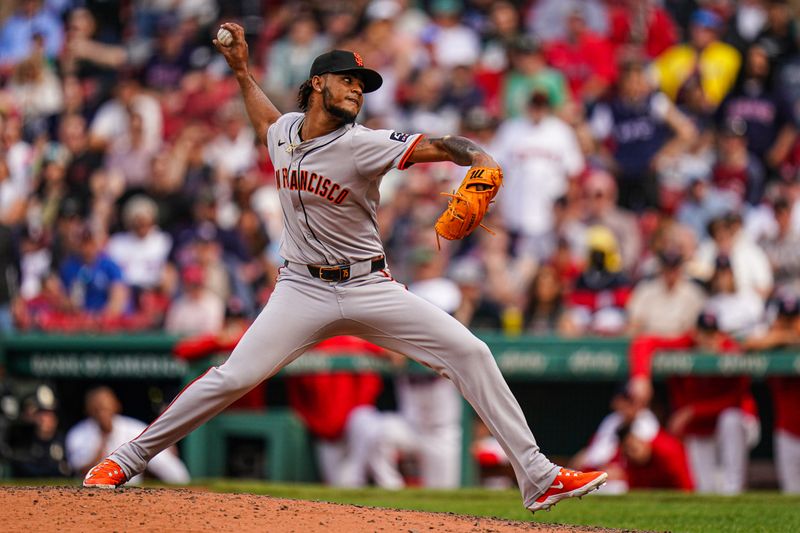 May 2, 2024; Boston, Massachusetts, USA; San Francisco Giants relief pitcher Camilo Doval (75) throws a pitch against the Boston Red Sox in the ninth inning at Fenway Park. Mandatory Credit: David Butler II-USA TODAY Sports