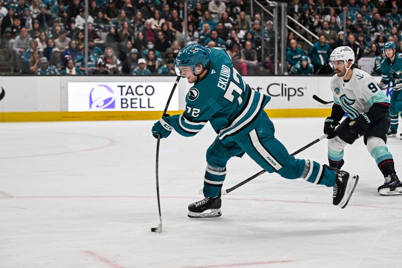 Dec 20, 2025; San Jose, California, USA; San Jose Sharks left wing William Eklund (72) takes a shot on goal against against the Seattle Kraken during the second period at SAP Center at San Jose. Mandatory Credit: Justine Willard-Imagn Images