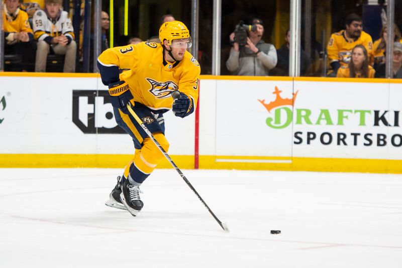 Apr 28, 2024; Nashville, Tennessee, USA; Nashville Predators defenseman Jeremy Lauzon (3) skates against the Vancouver Canucks during the first period in game four of the first round of the 2024 Stanley Cup Playoffs at Bridgestone Arena. Mandatory Credit: Steve Roberts-USA TODAY Sports