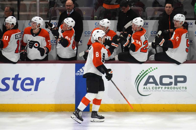 Dec 7, 2023; Tempe, Arizona, USA; Philadelphia Flyers defenseman Cam York (8) celebrates his goal against the Arizona Coyotes during the third period at Mullett Arena. Mandatory Credit: Joe Camporeale-USA TODAY Sports