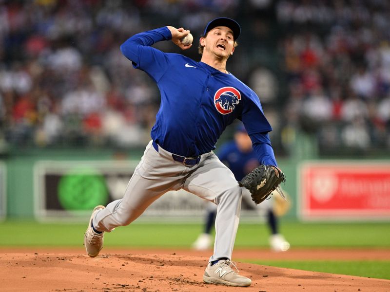 Apr 28, 2024; Boston, Massachusetts, USA; Chicago Cubs relief pitcher Hayden Wesneski (19) pitches against the Boston Red Sox during the first inning at Fenway Park. Mandatory Credit: Brian Fluharty-USA TODAY Sports