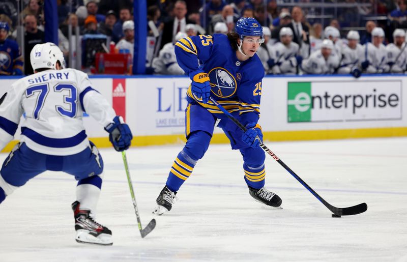 Jan 20, 2024; Buffalo, New York, USA;  Buffalo Sabres defenseman Owen Power (25) looks to make a pass during the second period against the Tampa Bay Lightning at KeyBank Center. Mandatory Credit: Timothy T. Ludwig-USA TODAY Sports