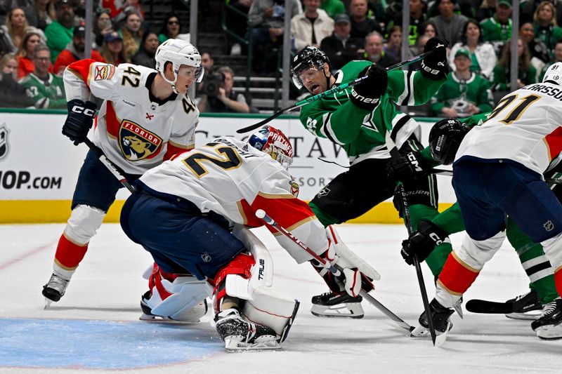 Mar 12, 2024; Dallas, Texas, USA; Dallas Stars center Craig Smith (15) attempts to poke the puck past Florida Panthers goaltender Sergei Bobrovsky (72) during the second period at the American Airlines Center. Mandatory Credit: Jerome Miron-USA TODAY Sports