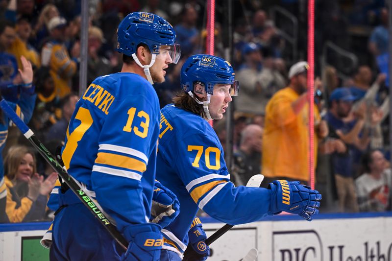 Apr 14, 2026; St. Louis, Missouri, USA; St. Louis Blues center Oskar Sundqvist (70) celebrates after scoring a goal against the Pittsburgh Penguins during the second period at Enterprise Center. Mandatory Credit: Connor Hamilton-Imagn Images