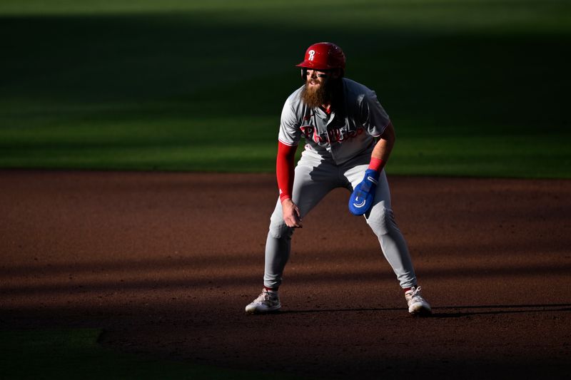 Apr 27, 2024; San Diego, California, USA; Philadelphia Phillies left fielder Brandon Marsh (16) leads off second base during the second inning against the San Diego Padres at Petco Park. Mandatory Credit: Orlando Ramirez-USA TODAY Sports