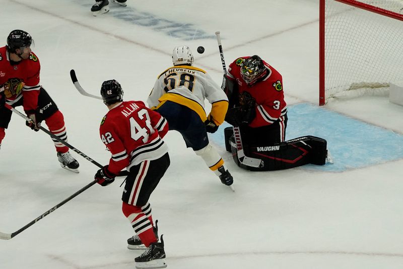 Oct 25, 2024; Chicago, Illinois, USA; Nashville Predators left wing Zachary L'Heureux (68) shoots the puck on Chicago Blackhawks goaltender Petr Mrazek (34) during the third period at the United Center. Mandatory Credit: David Banks-Imagn Images