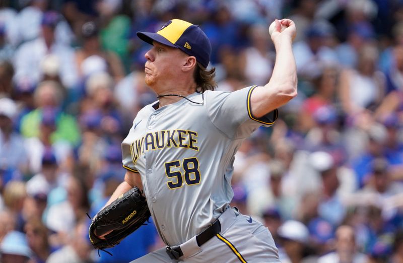 Jul 24, 2024; Chicago, Illinois, USA; Milwaukee Brewers pitcher Rob Zastryzny (58) throws against the Chicago Cubs during the first inning at Wrigley Field. Mandatory Credit: David Banks-USA TODAY Sports