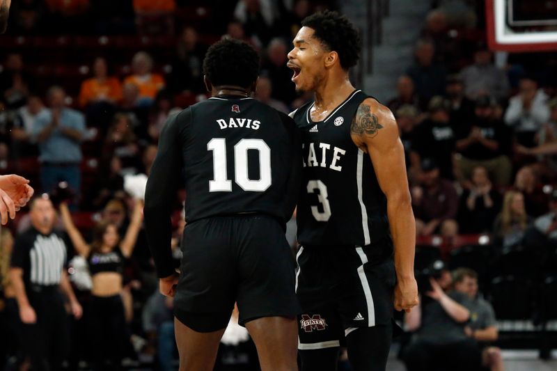 Jan 17, 2023; Starkville, Mississippi, USA; Mississippi State Bulldogs guard Shakeel Moore (3) reacts with Mississippi State Bulldogs guard Dashawn Davis (10) during the first half against the Tennessee Volunteers at Humphrey Coliseum. Mandatory Credit: Petre Thomas-USA TODAY Sports