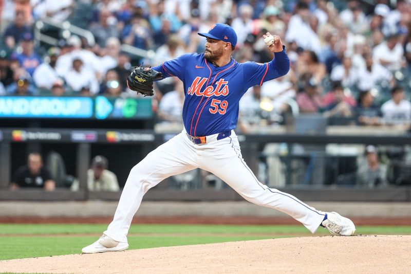 Jun 26, 2024; New York City, New York, USA;  New York Mets starting pitcher Sean Manaea (59) pitches in the first inning against the New York Yankees at Citi Field. Mandatory Credit: Wendell Cruz-USA TODAY Sports