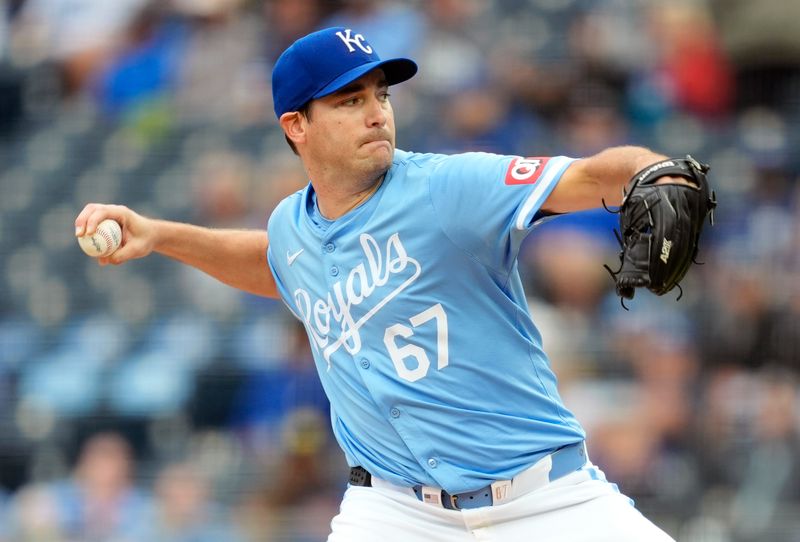 Sep 22, 2024; Kansas City, Missouri, USA; Kansas City Royals starting pitcher Seth Lugo (67) pitches during the first inning against the San Francisco Giants at Kauffman Stadium. Mandatory Credit: Jay Biggerstaff-Imagn Images