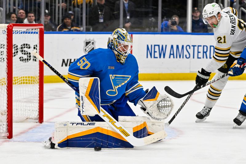 Jan 13, 2024; St. Louis, Missouri, USA;  St. Louis Blues goaltender Jordan Binnington (50) defends the net against the Boston Bruins during the first period at Enterprise Center. Mandatory Credit: Jeff Curry-USA TODAY Sports