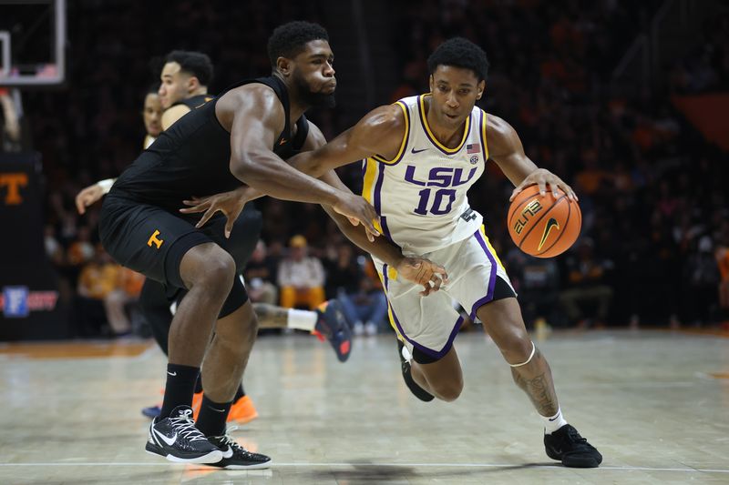 Feb 14, 2026; Knoxville, Tennessee, USA;  Louisiana State Tigers forward Marquel Sutton (10) moves the ball against the Tennessee Volunteers during the second half at Thompson-Boling Arena at Food City Center. Mandatory Credit: Randy Sartin-Imagn Images