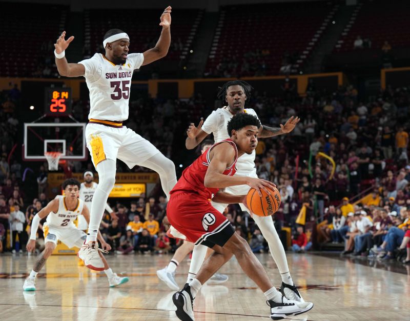 Feb 18, 2023; Tempe, Arizona, USA; Arizona State Sun Devils guard Devan Cambridge (35) guards Utah Utes forward Bostyn Holt (3) during the second half at Desert Financial Arena. Mandatory Credit: Joe Camporeale-USA TODAY Sports