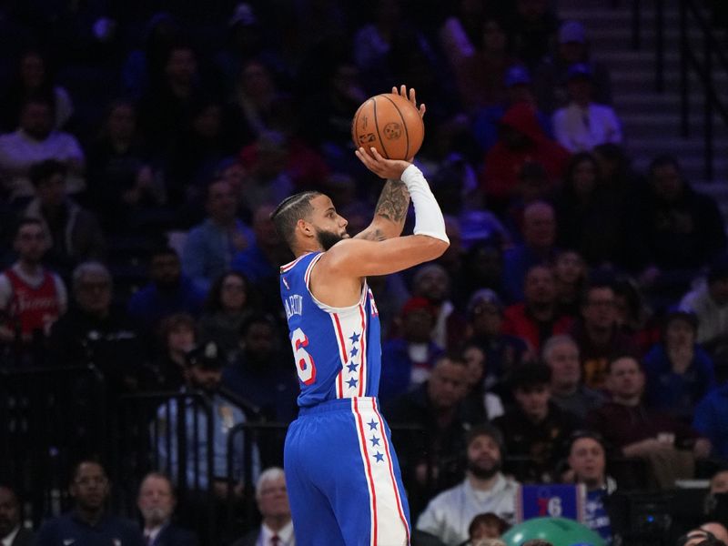 PHILADELPHIA, PA - NOVEMBER 13: Caleb Martin #16 of the Philadelphia 76ers shoots a three point basket during the game against the Cleveland Cavaliers on November 13, 2024 at the Wells Fargo Center in Philadelphia, Pennsylvania NOTE TO USER: User expressly acknowledges and agrees that, by downloading and/or using this Photograph, user is consenting to the terms and conditions of the Getty Images License Agreement. Mandatory Copyright Notice: Copyright 2024 NBAE (Photo by Jesse D. Garrabrant/NBAE via Getty Images)