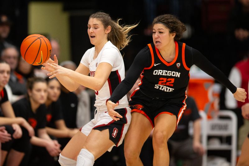 Jan 21, 2024; Stanford, California, USA; Oregon State Beavers guard Talia von Oelhoffen (22) bats the ball away from Stanford Cardinal guard Hannah Jump (33) during the first quarter at Maples Pavilion. Mandatory Credit: D. Ross Cameron-USA TODAY Sports