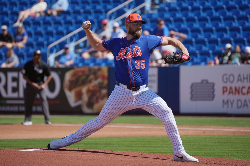 Feb 27, 2024; Port St. Lucie, Florida, USA;  New York Mets pitcher Adrian Houser (35) pitches in the first inning against the Miami Marlins at Clover Park. Mandatory Credit: Jim Rassol-USA TODAY Sports