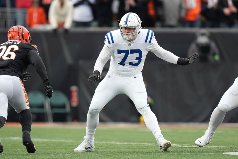 Indianapolis Colts offensive tackle Blake Freeland (73) protects the pocket during an NFL football game against the Cincinnati Bengals, Sunday, Dec. 10, 2023, in Cincinnati, OH. (AP Photo/Peter Joneleit)