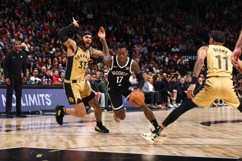 TORONTO, CANADA - FEBRUARY 22: Dennis Schroder #17 of the Brooklyn Nets drives to the basket during the game against the Toronto Raptors on February 22, 2024 at the Scotiabank Arena in Toronto, Ontario, Canada.  NOTE TO USER: User expressly acknowledges and agrees that, by downloading and or using this Photograph, user is consenting to the terms and conditions of the Getty Images License Agreement.  Mandatory Copyright Notice: Copyright 2024 NBAE (Photo by Vaughn Ridley/NBAE via Getty Images)