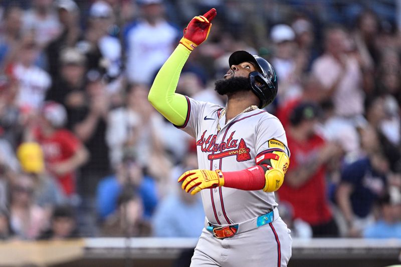 Jul 12, 2024; San Diego, California, USA; Atlanta Braves designated hitter Marcell Ozuna (20) celebrates after hitting a home run against the San Diego Padres during the fifth inning at Petco Park. Mandatory Credit: Orlando Ramirez-USA TODAY Sports 