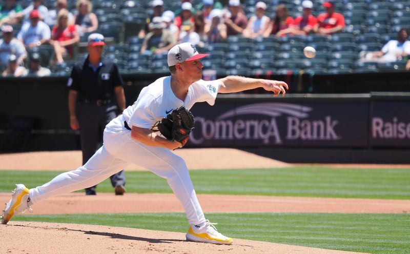 Jul 4, 2024; Oakland, California, USA; Oakland Athletics starting pitcher JP Sears (38) pitches the ball against the Los Angeles Angels during the first inning at Oakland-Alameda County Coliseum. Mandatory Credit: Kelley L Cox-USA TODAY Sports