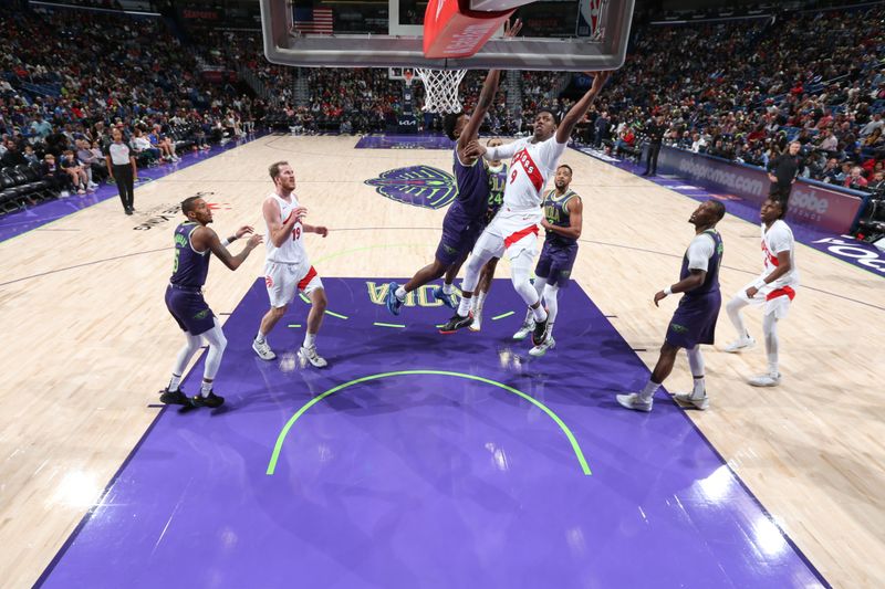 NEW ORLEANS, LA - NOVEMBER 27: RJ Barrett #9 of the Toronto Raptors shoots the ball during the game against the New Orleans Pelicans  during a regular season game on November 27, 2024 at the Smoothie King Center in New Orleans, Louisiana. NOTE TO USER: User expressly acknowledges and agrees that, by downloading and or using this Photograph, user is consenting to the terms and conditions of the Getty Images License Agreement. Mandatory Copyright Notice: Copyright 2024 NBAE (Photo by Layne Murdoch Jr./NBAE via Getty Images)