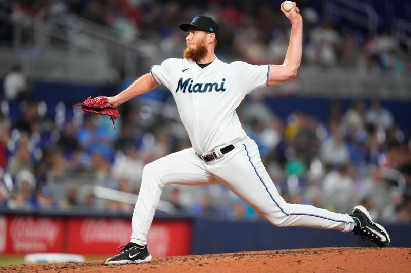 Sep 6, 2023; Miami, Florida, USA; Miami Marlins relief pitcher A.J. Puk (35) throws a pitch against the Los Angeles Dodgers during the fourth inning at loanDepot Park. Mandatory Credit: Rich Storry-USA TODAY Sports