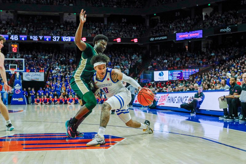 Jan 9, 2024; Boise, Idaho, USA; Boise State Broncos guard Roddie Anderson III (0) dribbles the ball during the second half against the Colorado State Rams at ExtraMile Arena. Mandatory Credit: Brian Losness-USA TODAY Sports