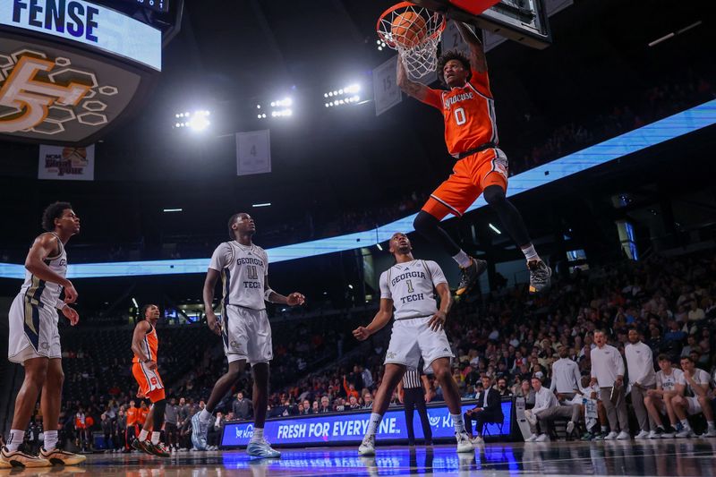 Jan 6, 2026; Atlanta, Georgia, USA; Syracuse Orange forward Sadiq White Jr. (0) dunks against the Georgia Tech Yellow Jackets in the first half at McCamish Pavilion. Mandatory Credit: Brett Davis-Imagn Images