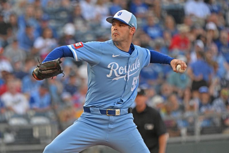 May 10, 2025; Kansas City, Missouri, USA;  Kansas City Royals starting pitcher Cole Ragans (55) throws a pitch in the first inning against the Boston Red Sox at Kauffman Stadium. Mandatory Credit: Peter Aiken-Imagn Images