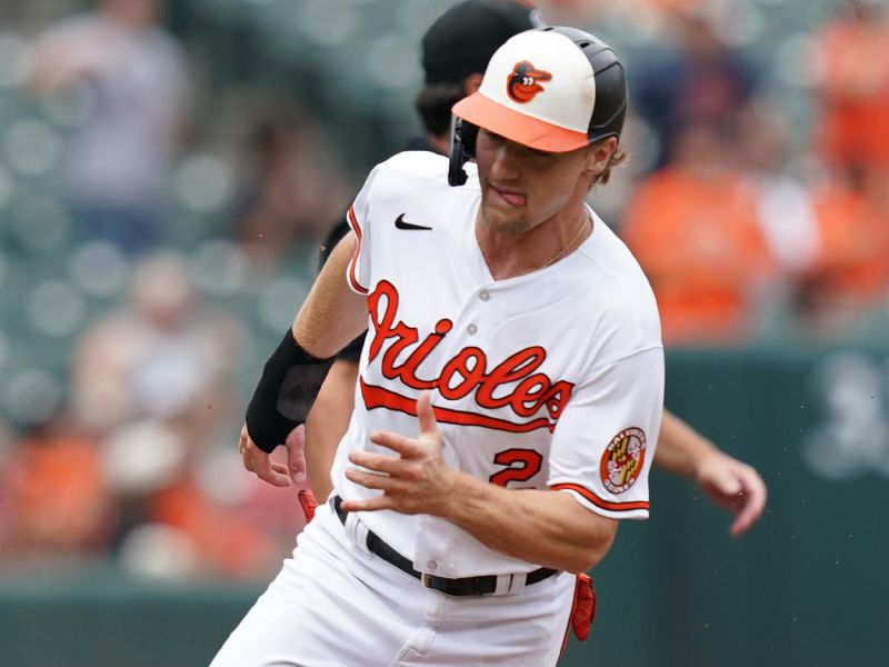 Jul 16, 2023; Baltimore, Maryland, USA; Baltimore Orioles  shortstop Gunnar Henderson (2) rounds third base to score a run in the first inning against the Miami Marlins at Oriole Park at Camden Yards. Mandatory Credit: Mitch Stringer-USA TODAY Sports