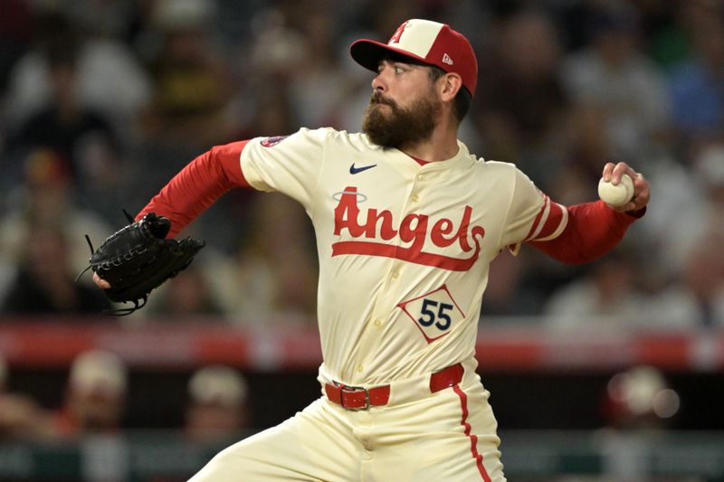 Jun 5, 2024; Anaheim, California, USA;  Los Angeles Angels relief pitcher Matt Moore (55) earns a save in the ninth inning against the San Diego Padres at Angel Stadium. Mandatory Credit: Jayne Kamin-Oncea-USA TODAY Sports