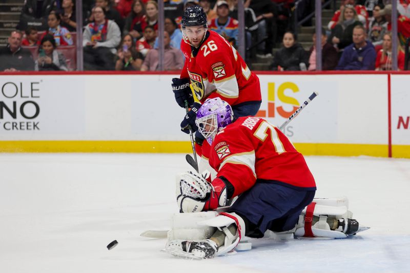 Nov 24, 2023; Sunrise, Florida, USA; Florida Panthers goaltender Sergei Bobrovsky (72) makes a save against the Winnipeg Jets during the first period at Amerant Bank Arena. Mandatory Credit: Sam Navarro-USA TODAY Sports