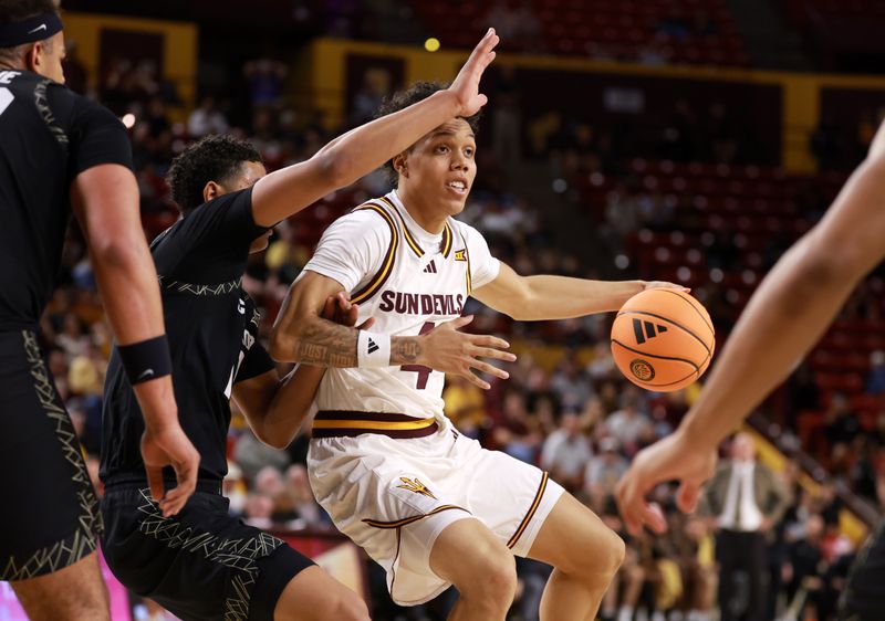 Jan 3, 2026; Tempe, Arizona, USA; Arizona State Sun Devils guard Bryce Ford (4) against the Colorado Buffaloes in the second half at Desert Financial Arena. Mandatory Credit: Mark J. Rebilas-Imagn Images