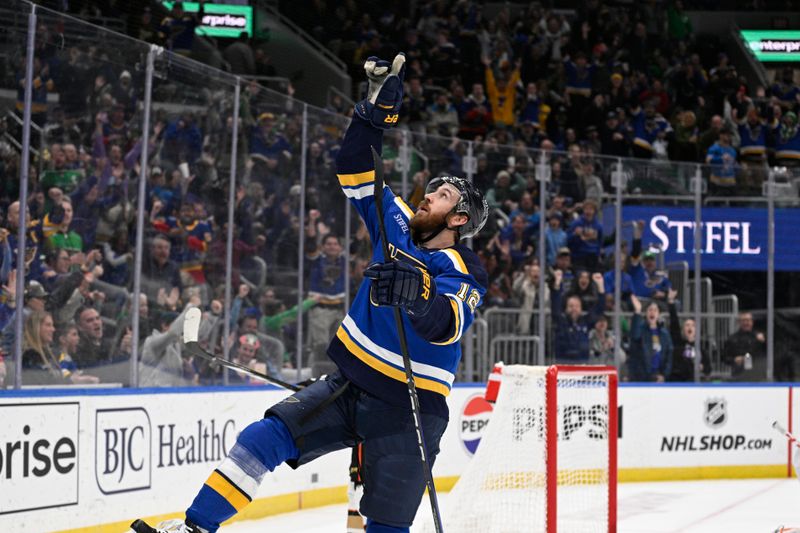 Mar 17, 2024; St. Louis, Missouri, USA; St. Louis Blues right wing Kevin Hayes (12) reacts after scoring a goal against the Anaheim Ducks during the second period at Enterprise Center. Mandatory Credit: Jeff Le-USA TODAY Sports