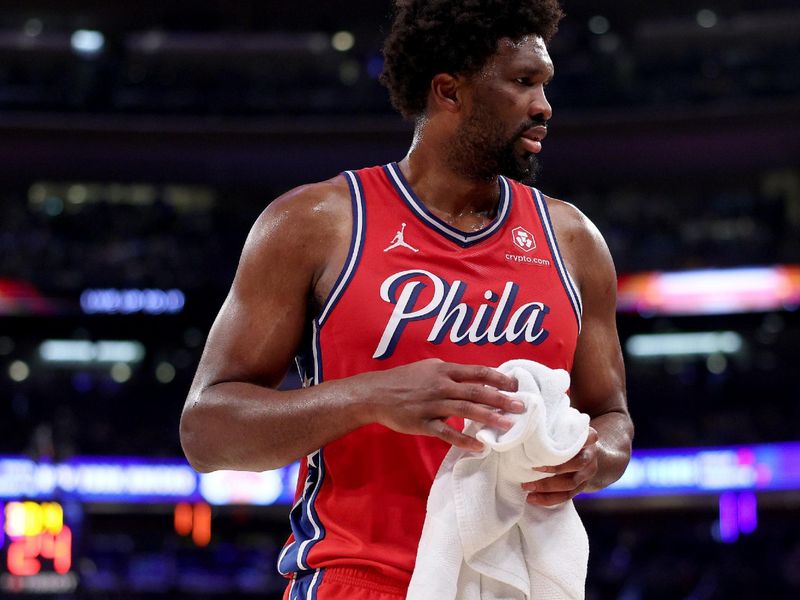 NEW YORK, NEW YORK - APRIL 20: Joel Embiid #21 of the Philadelphia 76ers reacts against the New York Knicks in game one of the Eastern Conference First Round Playoffs at Madison Square Garden on April 20, 2024 in New York City. NOTE TO USER: User expressly acknowledges and agrees that, by downloading and or using this photograph, User is consenting to the terms and conditions of the Getty Images License Agreement. (Photo by Elsa/Getty Images)