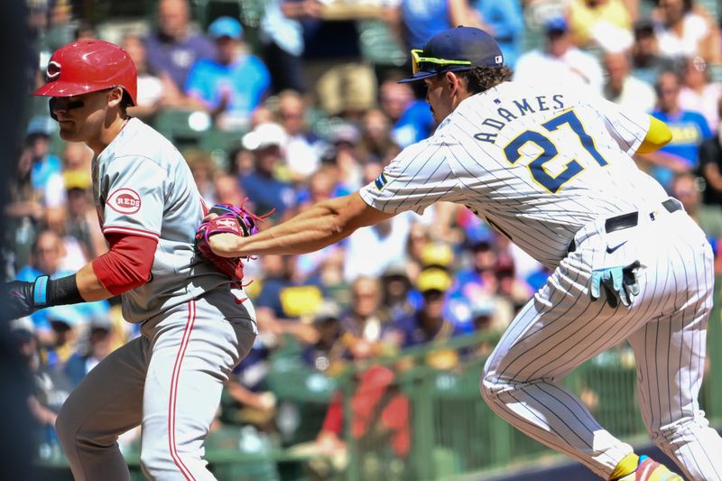 Aug 11, 2024; Milwaukee, Wisconsin, USA; Cincinnati Reds center fielder TJ Friedl (29) is tagged out by Milwaukee Brewers shortstop Willy Adames (27) after a rundown in the fourth inning at American Family Field. Mandatory Credit: Benny Sieu-USA TODAY Sports