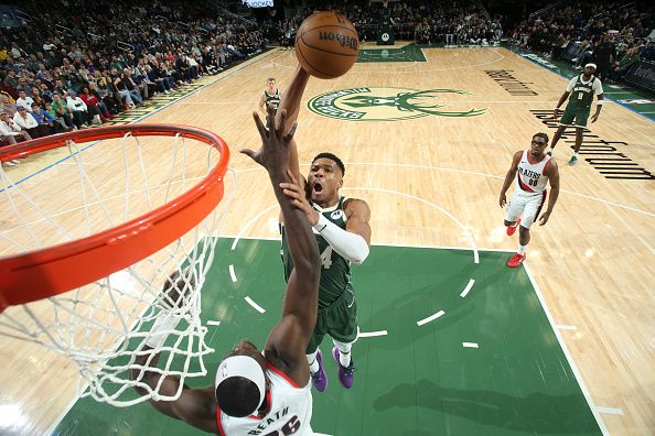 MILWAUKEE, WI - NOVEMBER 26: Giannis Antetokounmpo #34 of the Milwaukee Bucks dunks the ball during the game against the Portland Trail Blazers on November 26, 2023 at the Fiserv Forum Center in Milwaukee, Wisconsin. NOTE TO USER: User expressly acknowledges and agrees that, by downloading and or using this Photograph, user is consenting to the terms and conditions of the Getty Images License Agreement. Mandatory Copyright Notice: Copyright 2023 NBAE (Photo by Gary Dineen/NBAE via Getty Images).