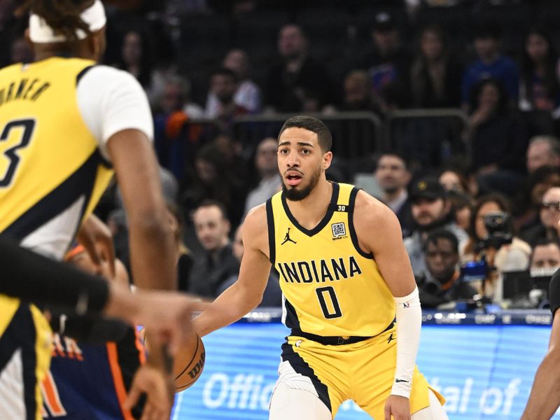 NEW YORK, NY - FEBRUARY 10: Tyrese Haliburton #0 of the Indiana Pacers dribbles the ball during the game against the New York Knicks on February 10, 2024 at Madison Square Garden in New York City, New York.  NOTE TO USER: User expressly acknowledges and agrees that, by downloading and or using this photograph, User is consenting to the terms and conditions of the Getty Images License Agreement. Mandatory Copyright Notice: Copyright 2024 NBAE  (Photo by David Dow/NBAE via Getty Images)