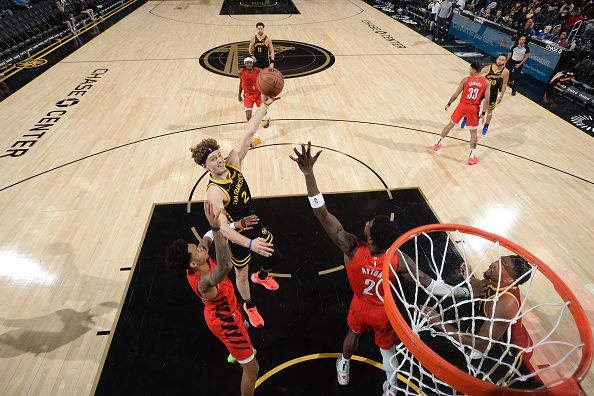 SAN FRANCISCO, CA - DECEMBER 23: Brandin Podziemski #2 of the Golden State Warriors shoots the ball during the game against the Portland Trail Blazers on December 23, 2023 at Chase Center in San Francisco, California. NOTE TO USER: User expressly acknowledges and agrees that, by downloading and or using this photograph, user is consenting to the terms and conditions of Getty Images License Agreement. Mandatory Copyright Notice: Copyright 2023 NBAE (Photo by Noah Graham/NBAE via Getty Images)