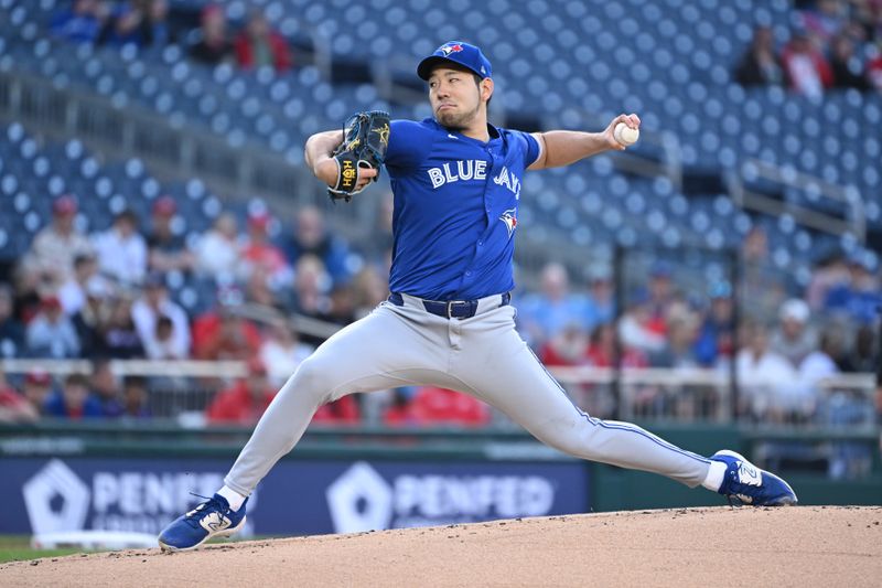 May 3, 2024; Washington, District of Columbia, USA; Toronto Blue Jays starting pitcher Yusei Kikuchi (16) throes a pitch against the Washington Nationals during the first inning at Nationals Park. Mandatory Credit: Rafael Suanes-USA TODAY Sports