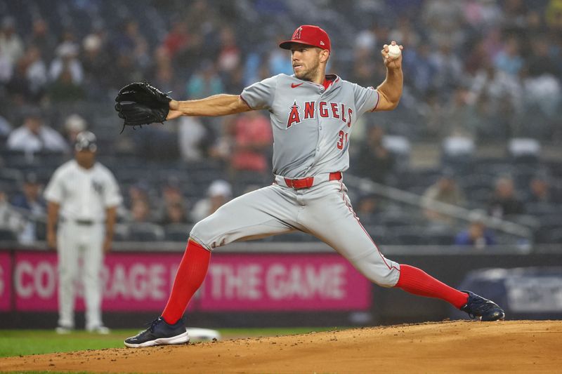 Aug 8, 2024; Bronx, New York, USA;  Los Angeles Angels starting pitcher Tyler Anderson (31) pitches in the first inning against the New York Yankees at Yankee Stadium. Mandatory Credit: Wendell Cruz-USA TODAY Sports