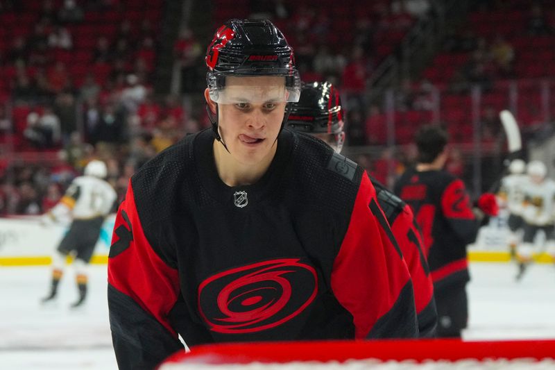 Mar 11, 2023; Raleigh, North Carolina, USA; Carolina Hurricanes right wing Jesse Puljujarvi (13) looks on before the game against the Vegas Golden Knights at PNC Arena. Mandatory Credit: James Guillory-USA TODAY Sports