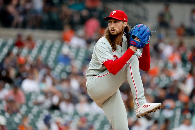 Jun 26, 2024; Detroit, Michigan, USA;  Philadelphia Phillies relief pitcher Matt Strahm (25) throws against the Detroit Tigers in the sixth inning at Comerica Park. Mandatory Credit: Rick Osentoski-USA TODAY Sports