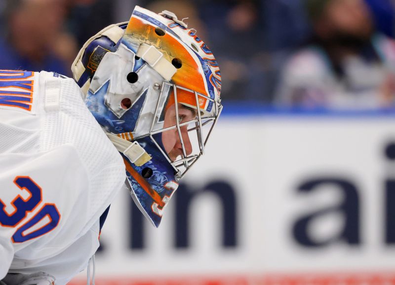 Mar 14, 2024; Buffalo, New York, USA;  New York Islanders goaltender Ilya Sorokin (30) looks for the puck during the second period against the Buffalo Sabres at KeyBank Center. Mandatory Credit: Timothy T. Ludwig-USA TODAY Sports