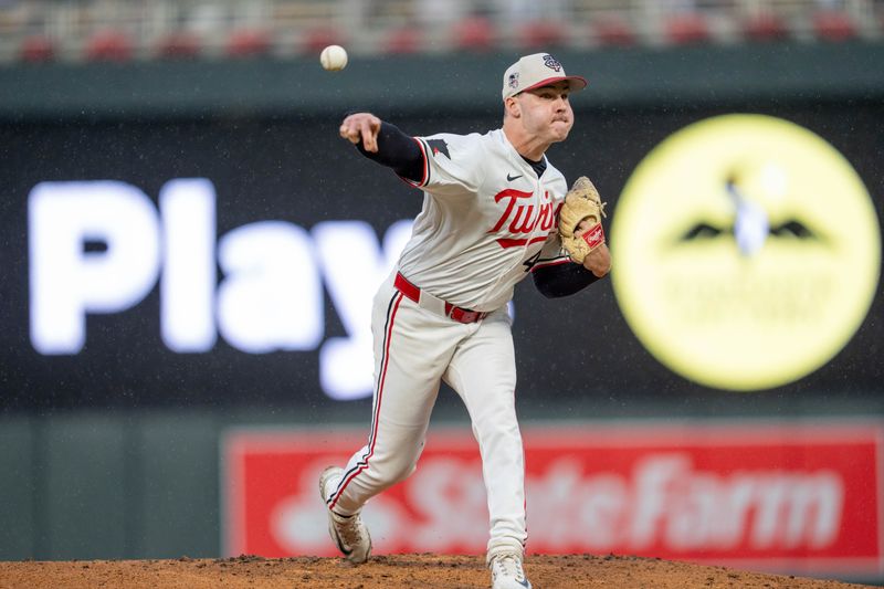 Jul 4, 2024; Minneapolis, Minnesota, USA; Minnesota Twins relief pitcher Cole Sands (44) delivers a pitch in the sixth inning against Detroit Tigers at Target Field. Mandatory Credit: Matt Blewett-USA TODAY Sports