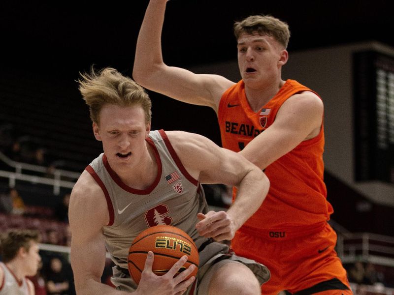 Jan 19, 2023; Stanford, California, USA; Stanford Cardinal forward James Keefe (22) beats Oregon State Beavers forward Tyler Bilodeau (10) to a rebound during the first half at Maples Pavilion. Mandatory Credit: D. Ross Cameron-USA TODAY Sports