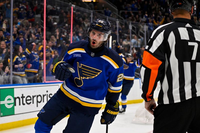 Feb 22, 2024; St. Louis, Missouri, USA;  St. Louis Blues left wing Brandon Saad (20) reacts after scoring against the New York Islanders during the second period at Enterprise Center. Mandatory Credit: Jeff Curry-USA TODAY Sports