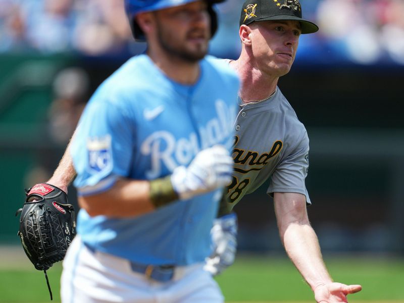 May 19, 2024; Kansas City, Missouri, USA; Oakland Athletics starting pitcher JP Sears (38) flips to first base for an out against Kansas City Royals center fielder Garrett Hampson (2) during the fifth inning at Kauffman Stadium. Mandatory Credit: Jay Biggerstaff-USA TODAY Sports