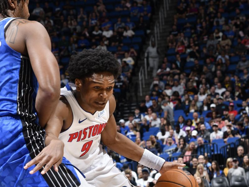 ORLANDO, FL - MARCH 3: Ausar Thompson #9 of the Detroit Pistons drives to the basket during the game against the Orlando Magic on March 3, 2024 at the Kia Center in Orlando, Florida. NOTE TO USER: User expressly acknowledges and agrees that, by downloading and or using this photograph, User is consenting to the terms and conditions of the Getty Images License Agreement. Mandatory Copyright Notice: Copyright 2024 NBAE (Photo by Fernando Medina/NBAE via Getty Images)