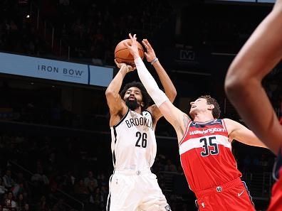 WASHINGTON, DC -? DECEMBER 29: Spencer Dinwiddie #26 of the Brooklyn Nets shoots the ball during the game against the Washington Wizards on December 29, 2023 at Capital One Arena in Washington, DC. NOTE TO USER: User expressly acknowledges and agrees that, by downloading and or using this Photograph, user is consenting to the terms and conditions of the Getty Images License Agreement. Mandatory Copyright Notice: Copyright 2023 NBAE (Photo by Stephen Gosling/NBAE via Getty Images)